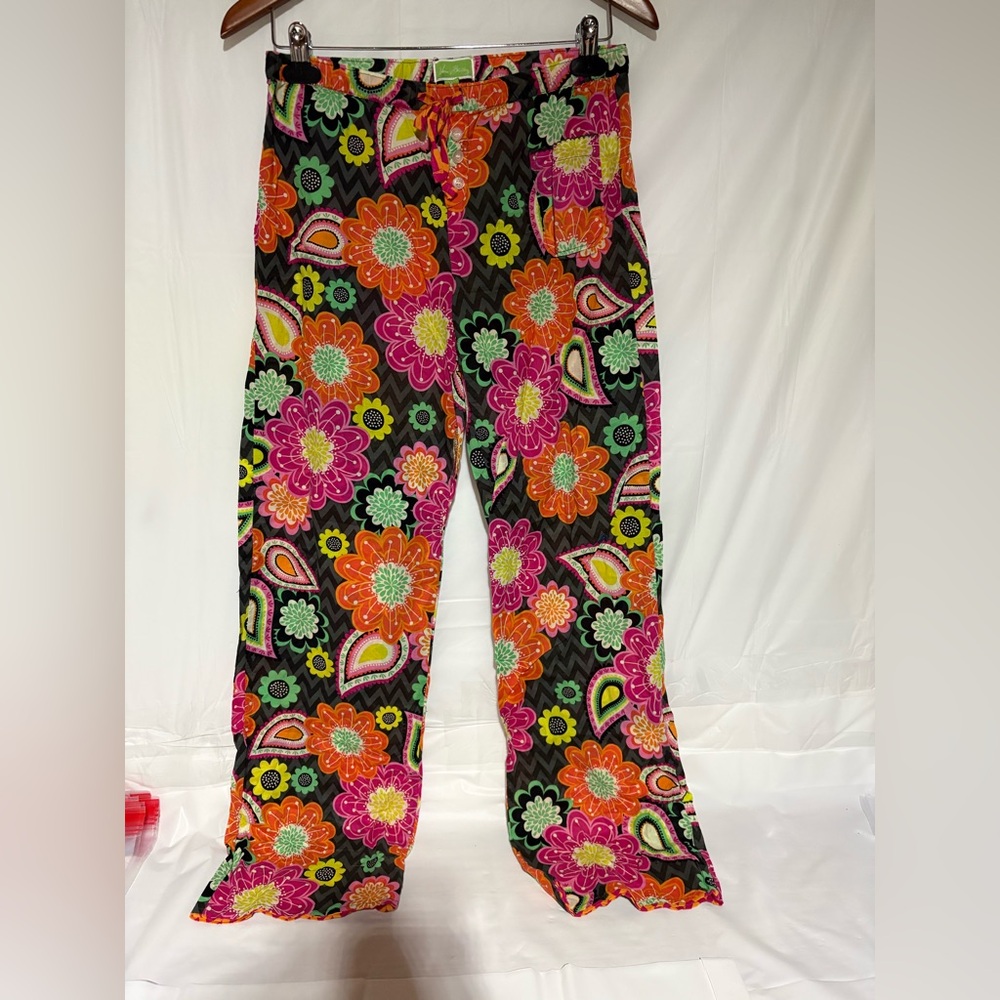 Vera Bradley Black Pajama Pants with Bright Floral Print (Pink, Orange, Green)
